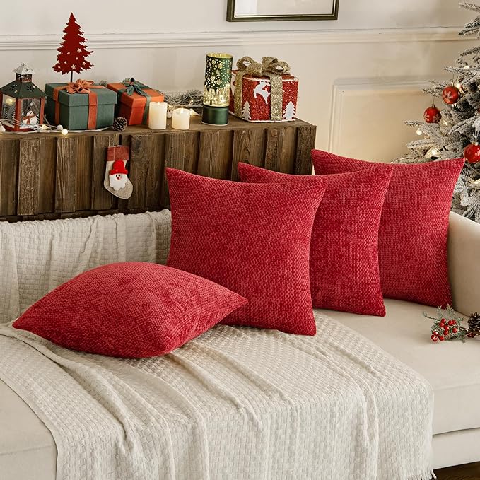 MIULEE Christmas Red Pack of 4 Throw Pillow Covers 20x20 Inch Soft Decorative Chenille Pillow Covers Farmhouse Accent Cushion Covers for Boho Home Decor Bedroom Living Room