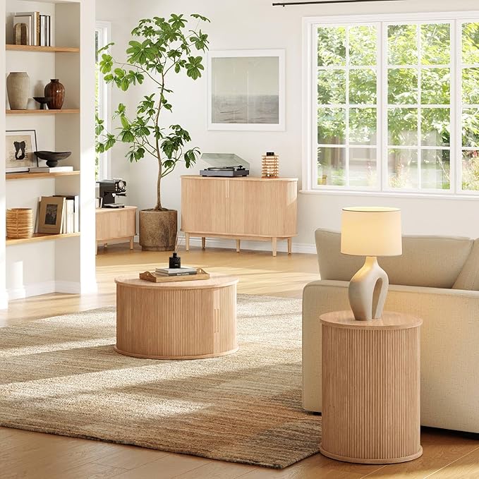 LINSY Round Fluted Nightstand, Mid Century Modern Tall Side Table with Storage, End Table with Sliding Tambour Doors, Adjustable Shelf, Small Wood Bedside Table for Bedroom, Living Room, Oak