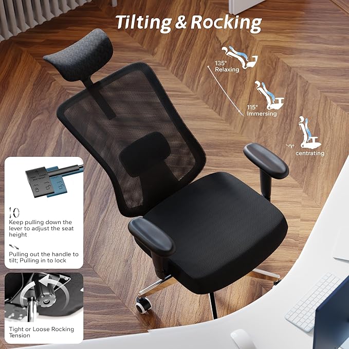 Ergonomic Office Chair with Adjustable Lumbar Support & Flip-Up Armrests - High Back Desk Chair with Thickened Seat Cushion, Rolling Wheels for Home/Office Study Work (05black)