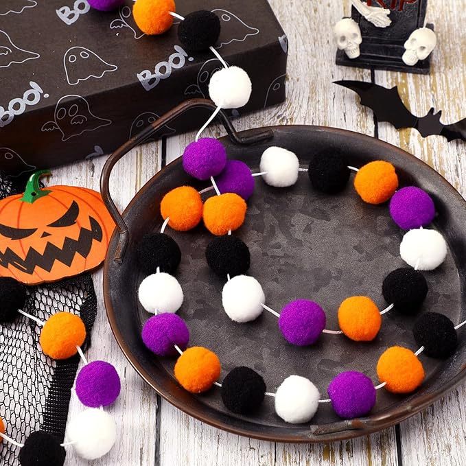 MARFOREVER 4 Pack 26.3 FT Halloween Felt Ball Garlands, Halloween Decorations 30 Balls Black Orange White Purple Pom Pom Garlands Hanging Supplies for Fall Halloweens Holiday Party Home Wall Decor