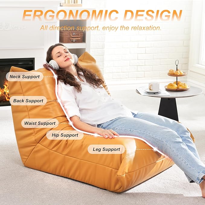 Hobestluk Giant Bean Bag Chair Lazy Floor Sofa, Fireside Sofa for Adults, Big Beanbag Faux Leather Armless Chair for Living Room Bedroom Dorm Office (Yellow, Single)