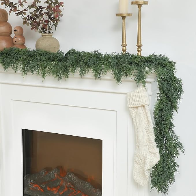 Dingion 2 Pcs 6 ft Christmas Cedar Garland - Artificial Realistic Green Faux Cedar Pine Garland Soft and Thick for Home Table, Mantle, Wall, Door, Indoor & Outdoor Christmas Party Decorations