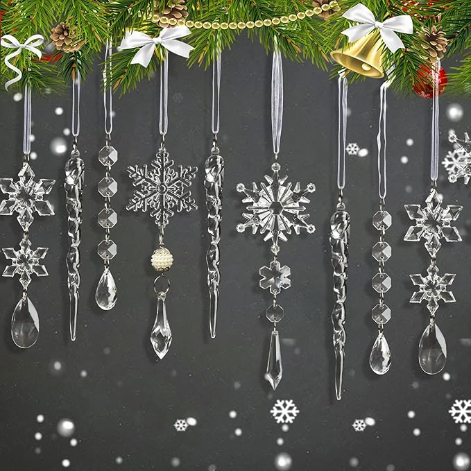 Christmas Tree Decoration Crystal Ornaments - 32pcs Acrylic Christmas Ornaments Snowflake Icicle Drop Crystal Hanging Ornaments for Xmas Tree Winter Holiday Frozen Party Decorations