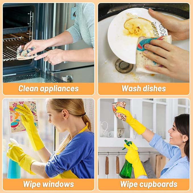 Lucomb Swedish Dish Cloths 8 Pack Reusable Absorbent Kitchen Dish Towels, Birds Flowers