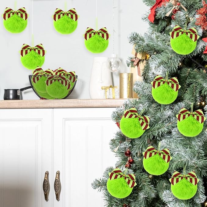 Norme 24-Pack Lime Green Furry Christmas Balls with Bow, 4" Soft Faux Fur Plush Pom Pom Ball Ornaments for Christmas Tree Hanging Decorations Party Fireplace Mantel Wall Decor(Stripe)