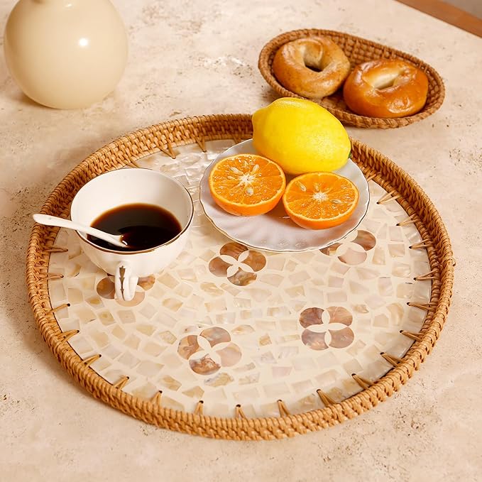 Round Rattan Tray with Mother of Pearl Inlay & Wooden Base - Decorative Wicker Serving Tray for Coffee/Bread/Fruits Display - Multipurpose Home Decor (L,Four-Petal Flower)