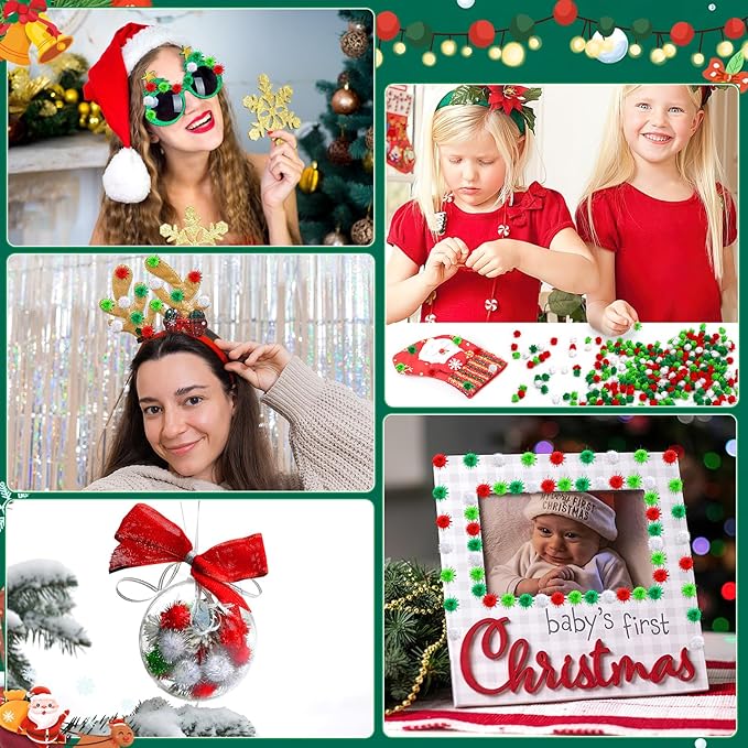 SEPGLITTER Christmas Pom Poms Balls, 1000 Pieces Glitter Red Light Green White Pompoms Pom Poms for Crafts Making DIY Holiday Christmas Decorations Supplies (4colors, 1.2cm )