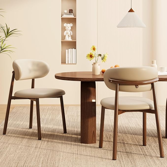 Kitchen Dining Chairs Set of 4 Modern Upholstered Leather Dining Room Chair with Metal Legs, Walnut/Khaki