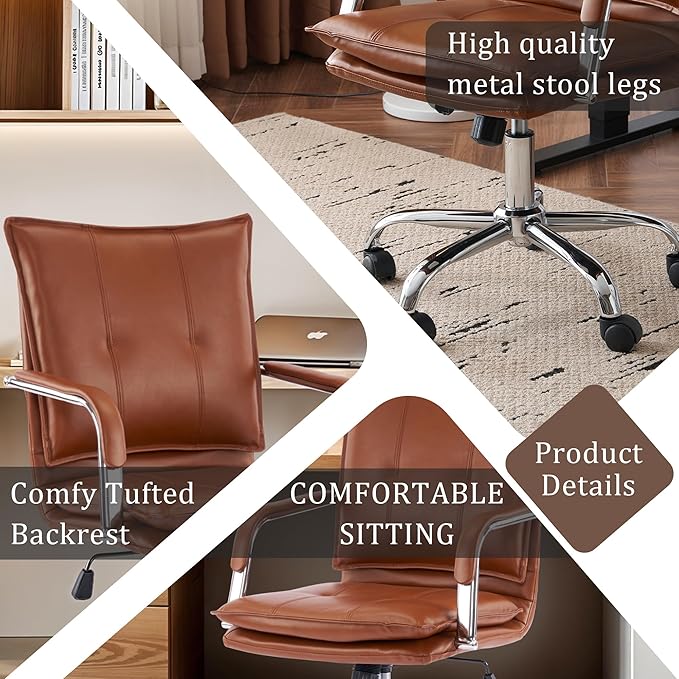 Mid-Back Ergonomic Leather Office Chair, Modern Upholstered Executive Desk Chair with Gold Frame Armrest Computer Task Chair (Caramel &Silver Legs)