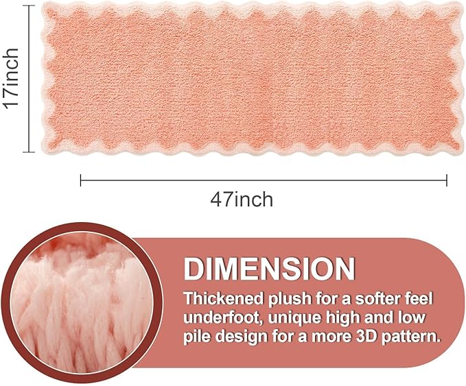 ORTIGIA Cute Coral Pink Scalloped Bath Mat, Fun Plush Microfiber Scallop Bathroom Rugs Non Slip Washable Quick Dry Absorbent, Bath Rug for Shower Stall Vanities Kitchen Floor Entrance, 17x47