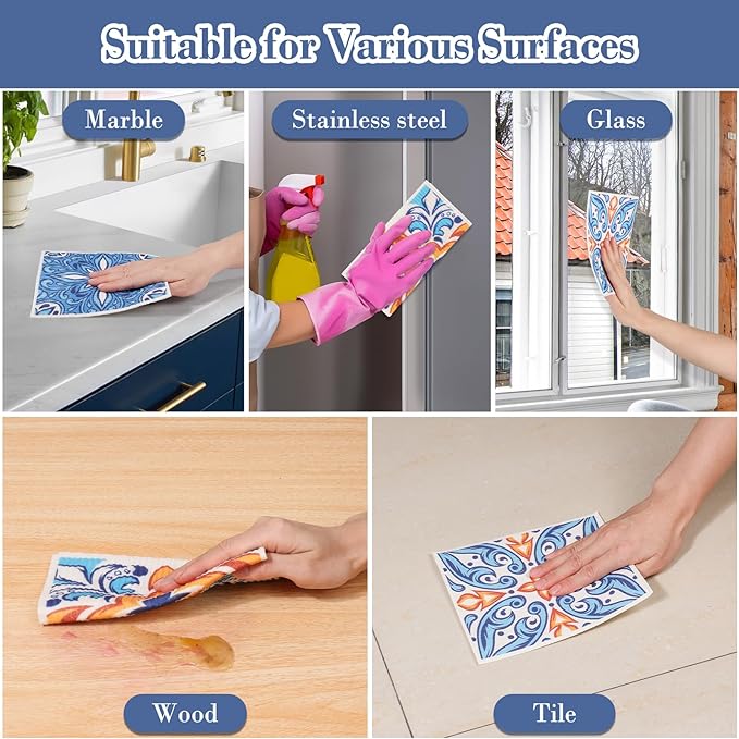 Lucomb 8 Pack Swedish Dish Cloths Reusable Washable Cellulose Sponge Rags Quick Dry Non Scratch Kitchen Cleaning