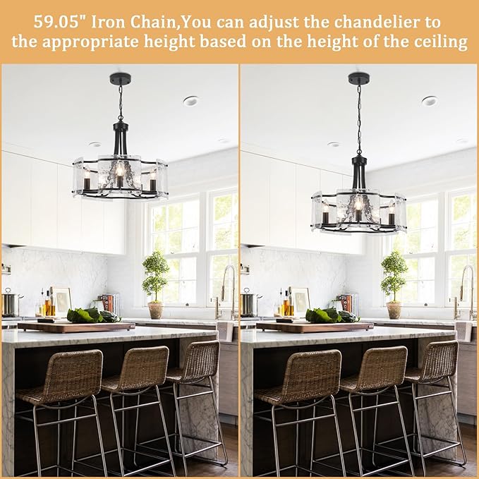Modern Black Chandelier 5-Light Textured Glass Chandeliers for Dining Room 18.9''Drum Crystal Light Fixture Over Table Farmhouse Round Pendant Light for Kitchen Island Bedroom Living room Foyer,E12