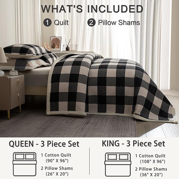 Cotton Plaid Quilt Set Queen 3 Piece Lightweight Reversible Bedding, Grid Black White