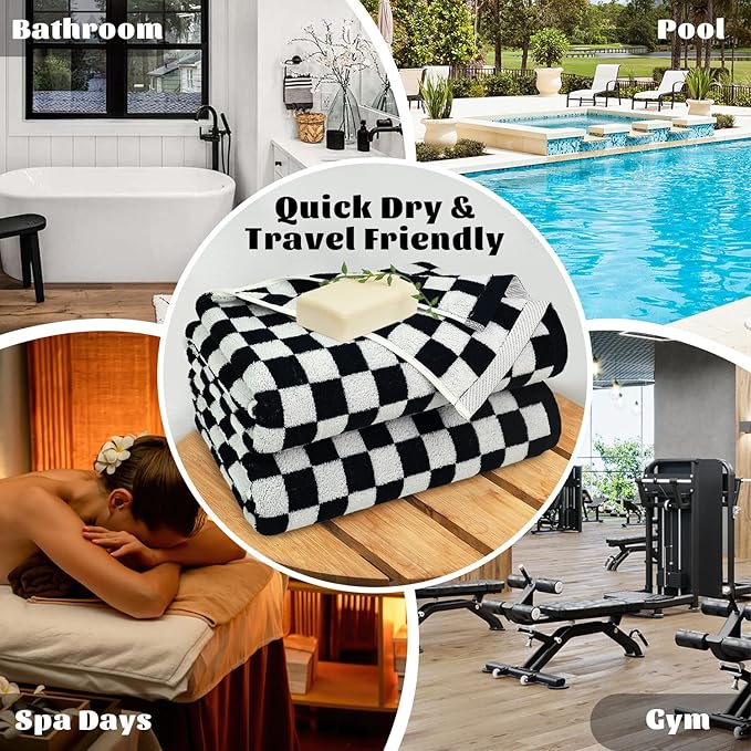 Jacquotha Bath Towels 100% Cotton Soft Absorbent Quick Dry Set of 2 Towels for Bathroom, Black & White Checkered