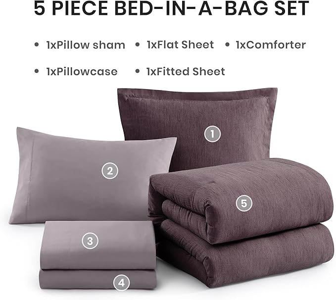 Monbix Twin XL Comforter Set Italian Plum, Cationic Dyeing Bedding Set Reversible 5 Pieces, All Season Bed in a Bag with Comforter, Sheets, Pillowcase & Sham