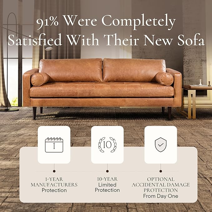Poly & Bark Napa Leather Couch - 88.5-Inch Office Sofa with 2 Bolsters - Full-Grain Leather Sofa for Living Room with Feather-Down Topper - Living Room Couch - Vintage Italian Leather in Cognac Tan