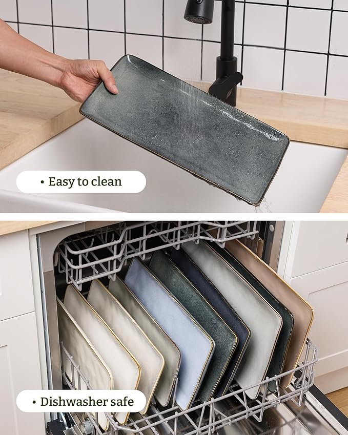 famiware Serving Platter, Rectangular 15.67/14.1/12.6inch Serving Dishes for Entertaining, Dishwasher Safe, Stoneware for Party, Food, Turkey, Snack, Cheese, Reactive Glaze, Deep Forest