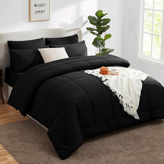 CozyLux Queen Comforter Set Black, 7 Pieces Bed in a Bag, Black Comforter Queen Size, All Season Bedding Sets with Stitch Quilted Comforter, Flat Sheet, Fitted Sheet, Pillowcases