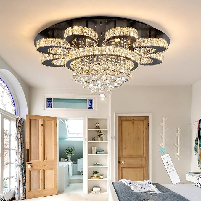 Modern Chandelier Living Room Glam Chandeliers Ceiling Light Fixture Remote Dimmable Lights 32 Inches Luxury Crystal Black Light