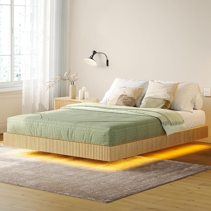Tatub Natural Queen Floating Bed Frame with LED Lights, Modern Fluted Oak Platform Bed Frame Floating, Heavy Duty Metal Slats, No Box Spring Required
