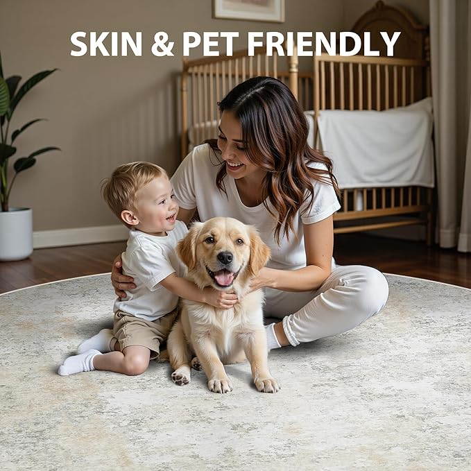 Round Rug 5ft Circle Rug Washable: Carpet Small Circular Area Rug for Entryway Kitchen Bedroom Dining Room Living Room 5 Feet Abstract College Dorm Non Slip Low Pile Beige Grey