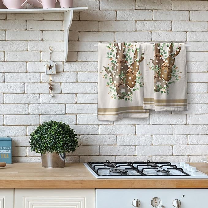 Rabbit Eucalyptus Easter Dish Towels Set of 2 28.3x14 Holiday Polka Dot Bunny