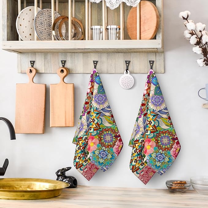 Boho Floral Kitchen Towels Set of 2 Absorbent Colorful Flowers Dish Towels Tabletop Decor Floral