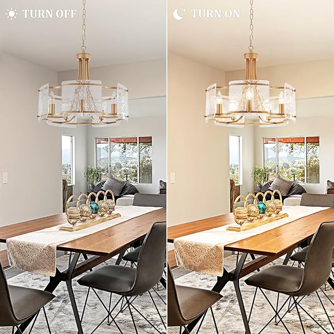 5-Light Gold Glass Chandelier for Dining Room, Modern Textured Glass Light Fixture Gold Chandeliers, Drum Round Chandelier for Kitchen Island Living Room Foyer Bedroom, E12