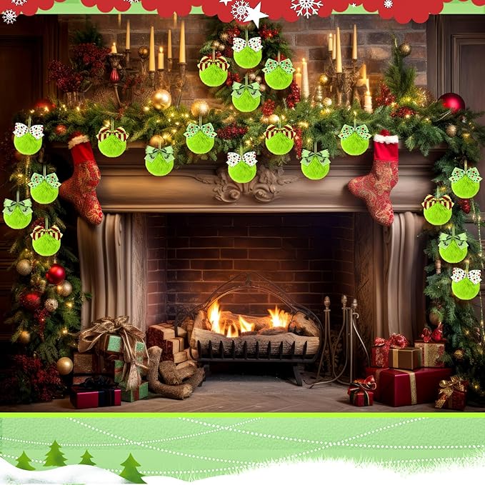 Norme 24-Pack Lime Green Furry Christmas Balls with Bow, 4" Soft Faux Fur Plush Pom Pom Ball Ornaments for Christmas Tree Hanging Decorations Party Fireplace Mantel Wall Decor(Mixed Style)