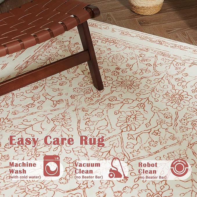 jinchan Vintage Floral Washable Area Rug 5x7 Distressed Faux Wool, Red