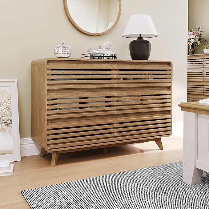 Fluted Dresser for Bedroom, Wide 6 Drawers Dresser, Chests of Drawers with Grille & Curved Design, Dressers Slides Pre-Installed, Large Wood Drawer Organizer for Bedroom Hallway, Natural Oak