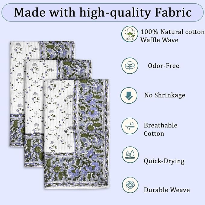 Ridhi Powder Blue Hand Block Print Waffle Kitchen Towel Set of 3-16 x28 Ultra Absorbent Quick Dry 100% Cotton Dish Towels Lightweight Reusable Sustainable Tea Towels for Cleaning and Drying