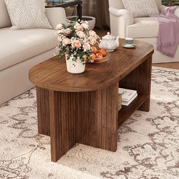 43.3” Coffee Table with Storage, Oval Coffee Tables for Living Room, Farmhouse Fluted Coffee Table with Large Storage Shelf, Wood Center Table for Small Space, Walnut