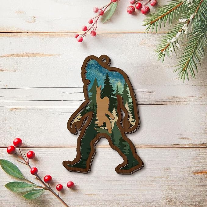 OASSIE Bigfoot Christmas Ornaments Gifts for Men Women - Triple-Layer Wooden Christmas Ornaments 2025 for Tree Decorations - Big Foot Sasquatch Gifts for Friends Family, White Elephant Gift