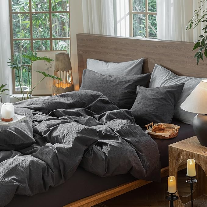 MooMee Wavy Striped Duvet Cover Set 100% Washed Cotton Linen Like Textured Breathable Durable Soft Comfy (Charocal Grey, Cal King 104"x98")