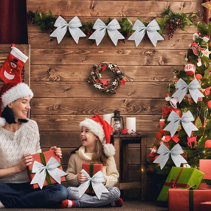 Cindeer 24 Pcs Silver Christmas Bow Decorations 6 x 6 Inches, Glitter Holiday Ornaments Sequin Ties Bows for Xmas Tree, Wreath, DIY Crafts, Gift Wrapping, Party Decor