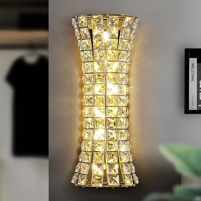 Crystal Wall Sconces,Modern Wall Light Fixtures,Luxury Indoor Gold Wall Lamp for Living Room Bedroom Bathroom Hallway Doorway Stairway,Bedside,Tricolor Vanity Lighting Fixture
