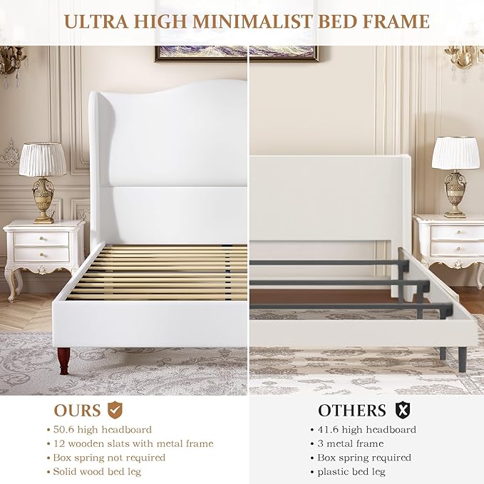 King Size Bed Frame with 51" Tall Headboard, High Upholstered Platform soft Fabric, Classic Curved Wingback & Wood Retro Legs, No Box Spring Needed/Easy Assembly, White