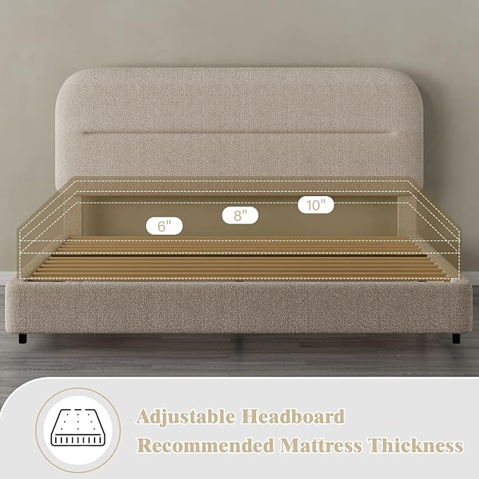 King Size Boucle Bed Frame, Upholstered Cloud Bed Frame with Headboard, Soft Platform with Thickened Footboard, Rounded Corners, No Box Spring Required, Easy Assembly, Beige