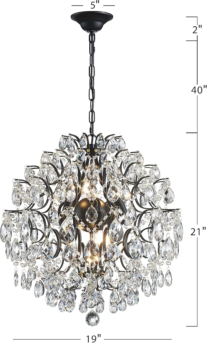 Bestier Modern Pendant Black Chandelier Crystal Raindrop Lighting Ceiling Light Fixture Lamp for Dining Room Bathroom Bedroom Livingroom 6 E12 Bulbs Required D19 in x H21 in