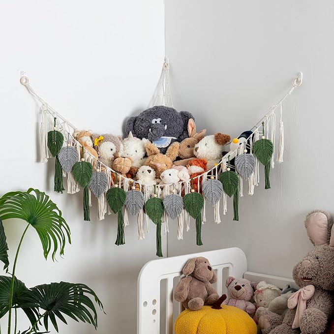 Pretty Jolly Stuffed Animal Storage with Hand Woven Leaf Tassels Hammock Corner Hanging Net Boho Macrame Plush Storage for Kid Room Nursery Decor Wall Display for Girls Gift(Gray&Green)