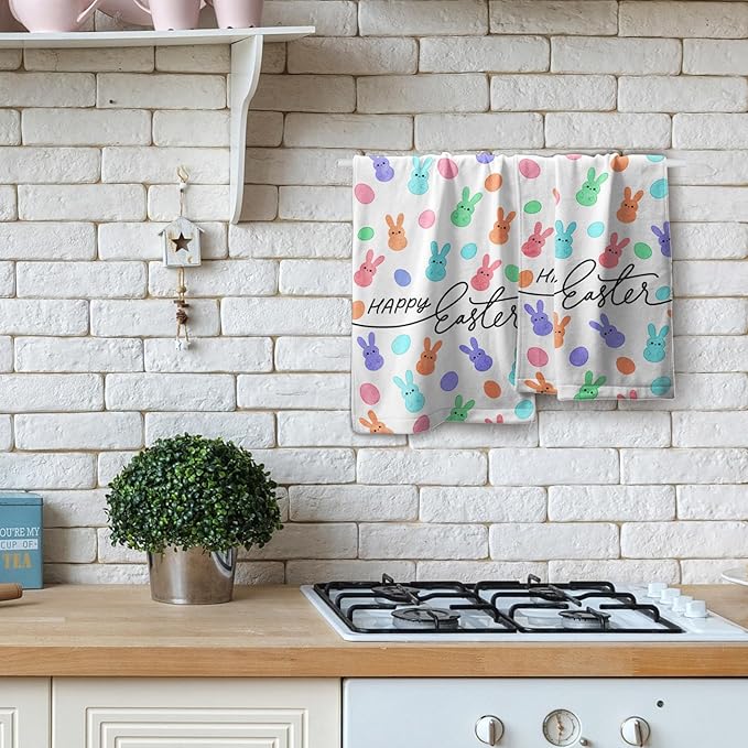 Happy Easter Hand Towels Set of 2 Colorful Cartoon Rabbit Egg Spring Holiday