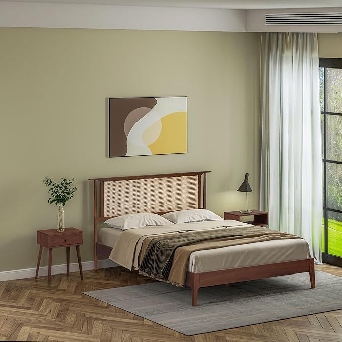 NTC Ruby Wooden Bed Frame with Headboard and Natural Rattan, Solid Oak/Rubber Wood Foundation with Silent Slats, 1000 Lb Capacity, Effortless Assembly (Natural Cane - Dark Walnut, Queen)