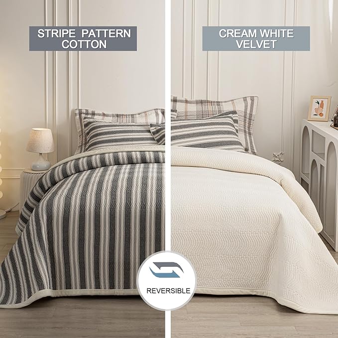 Cotton Striped Quilt Set King 3 Piece Lightweight Reversible Bedding, Stripe Grey White