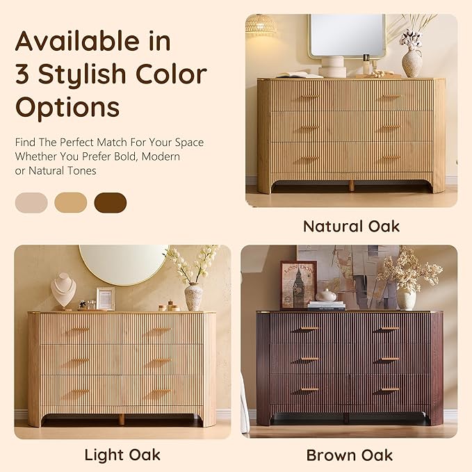 Fluted 6 Drawer Dresser for Bedroom with Curved Profile Design,53.9" W Chest of Drawers with Reeded Texture,Wide Storage Cabinet with Smooth-Glide Drawers,gold metal handle or Living Room,Light Oak