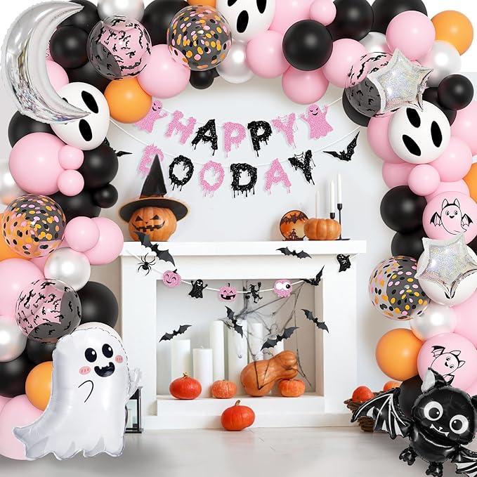 Amandir Pink Black Halloween Birthday Party Decorations, Happy Boo Day Glitter Banner Halloween Balloon Arch Garland kit Foil Bat Ghost Balloons Cake Toppers for Kids Girl Spooky Baby Shower Supplies
