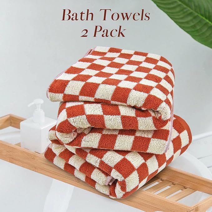 Jacquotha Ultra Soft Bath Towels 2 Pack - 520 GSM Cotton Highly Absorbent Checkered Towels Set for Bathroom, Coral
