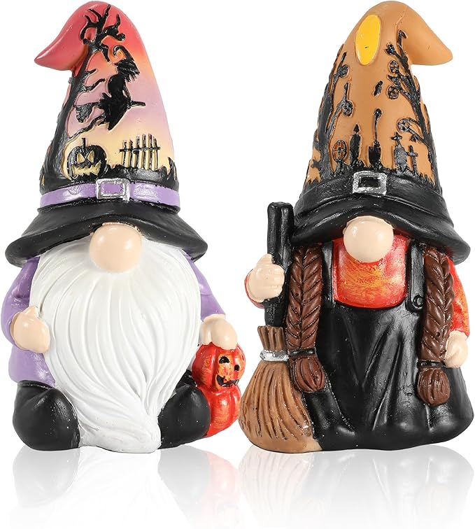 Halloween Gnomes and Witch Figurines - 2Pack Lights Up Fall Gnome - 4.5'' Resin Indoor Halloween Decor for Women (Gnomes)