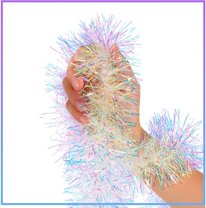 WILLBOND 50 ft Christmas Tinsel Garland Metallic Tinsel Twist Garland Christmas Tree Decorations New Year Wedding Birthday Hanging Decorations Party Supplies, 3 Inch(Iridescent)