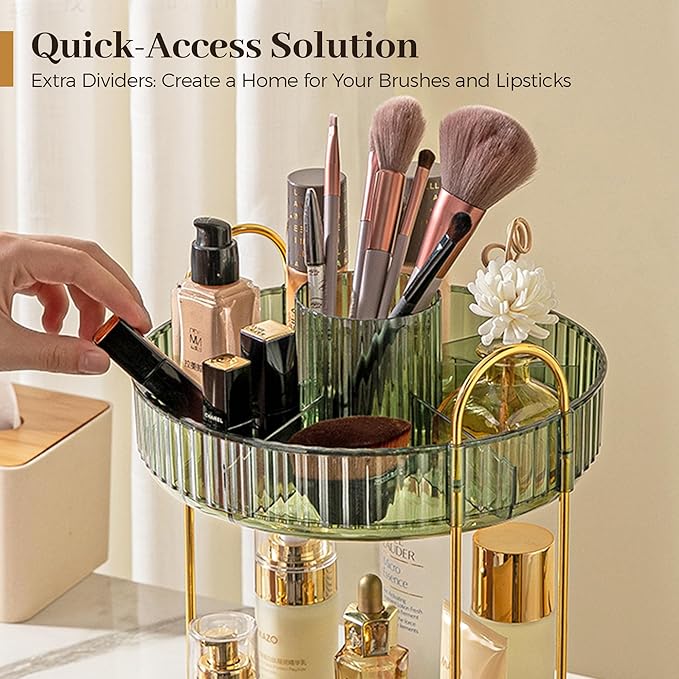 Aveniee Rotating Makeup Organizer for Vanity, Upagraded Perfume Skincare Bathroom Counter Organizers with Brush Divider, 2 Tier Spinning Lipstick Cosmetic Lotion Storage,Green